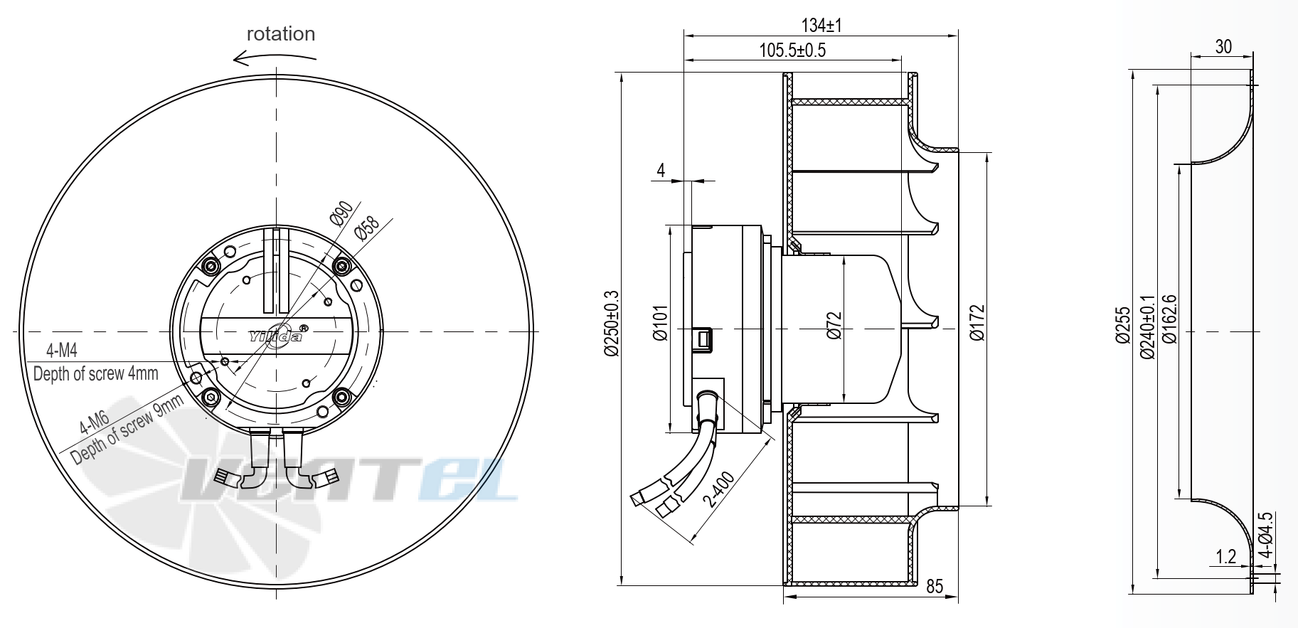 Габаритные и присоединительные размеры YUWE250R-EOGB17