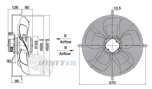 Размеры Weiguang YWF-6E-500-S-145/65-G