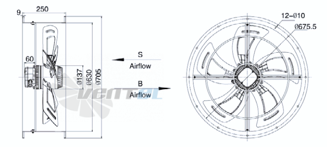 Размеры Weiguang YWF-4D-630-B-180/75-T
