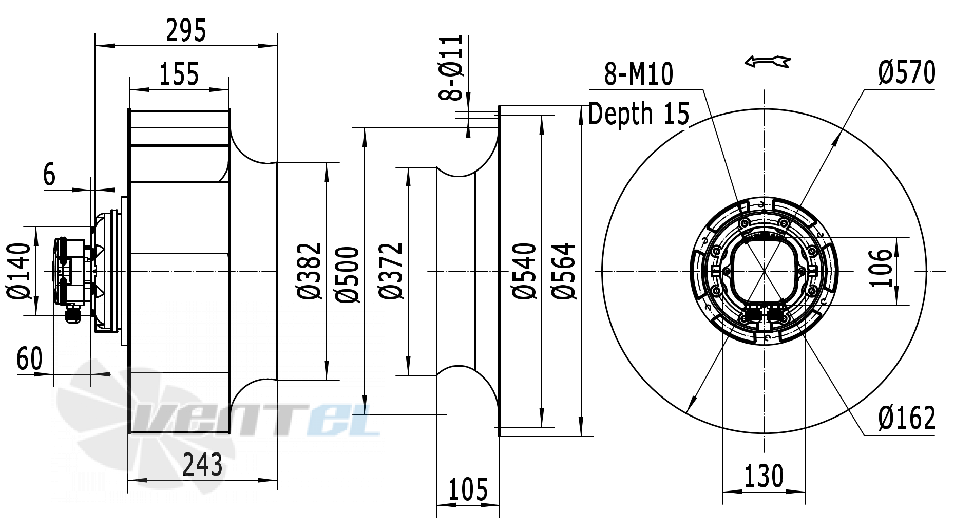 Присоединительные размеры Weiguang LXFB4D560-155-M180-105-AB01
