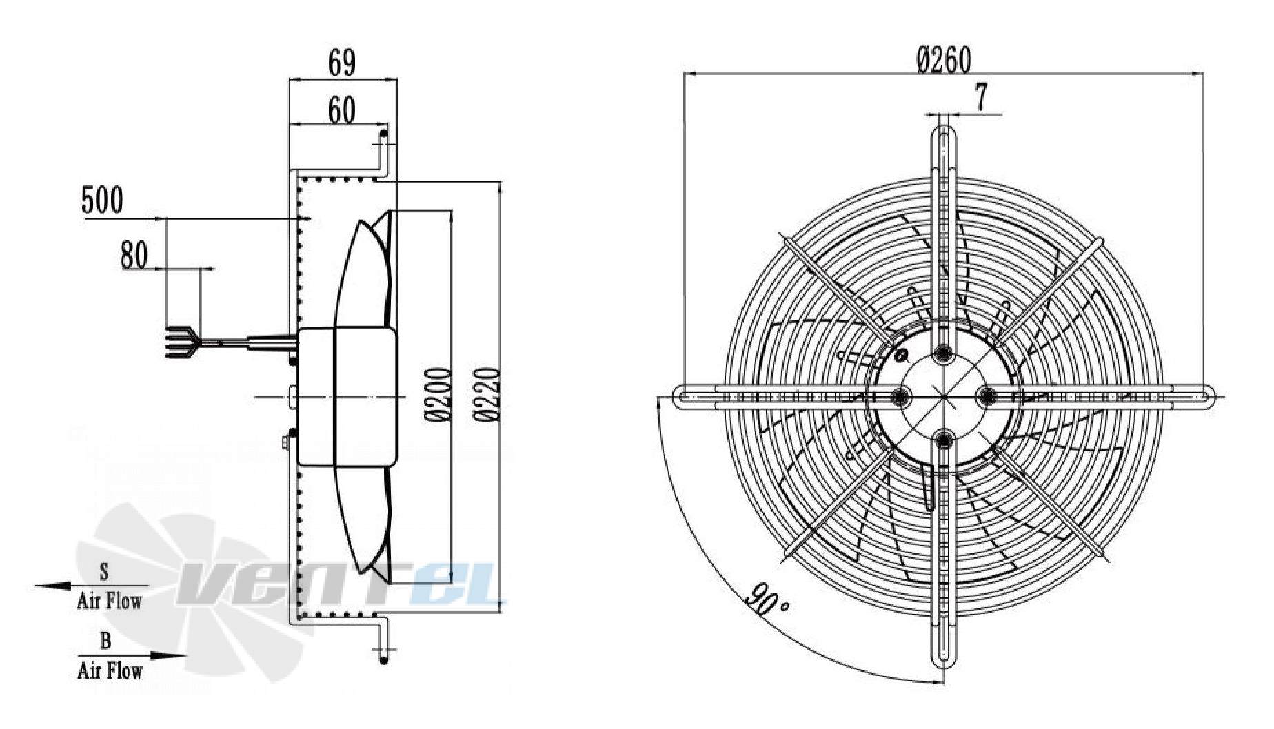 Габаритные размеры Weiguang DC092/16B3G01-AS200/35S1-01-G осевой DC