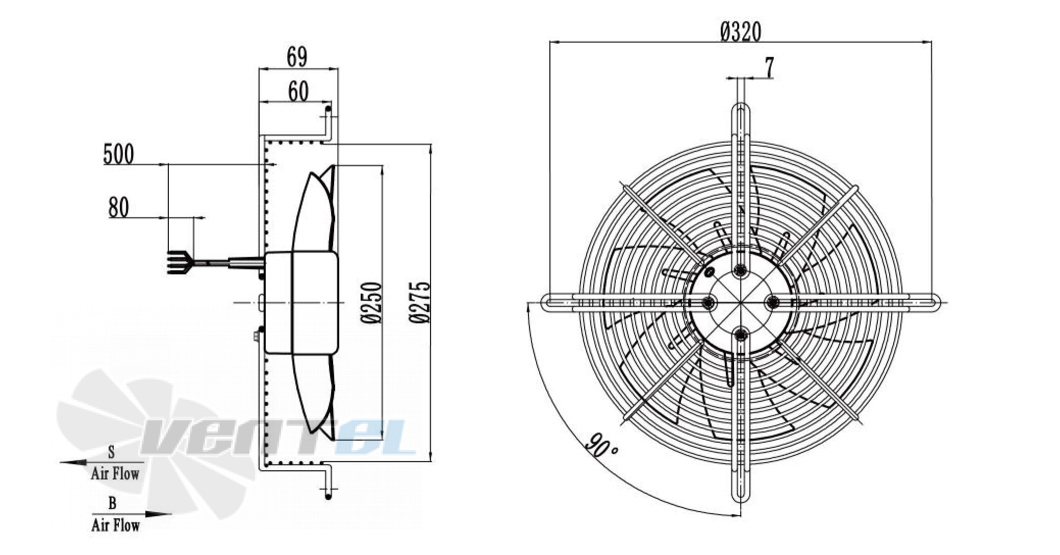 Габаритные размеры Weiguang DC092/16B3G01-AS250/35S1-01-G осевой DC