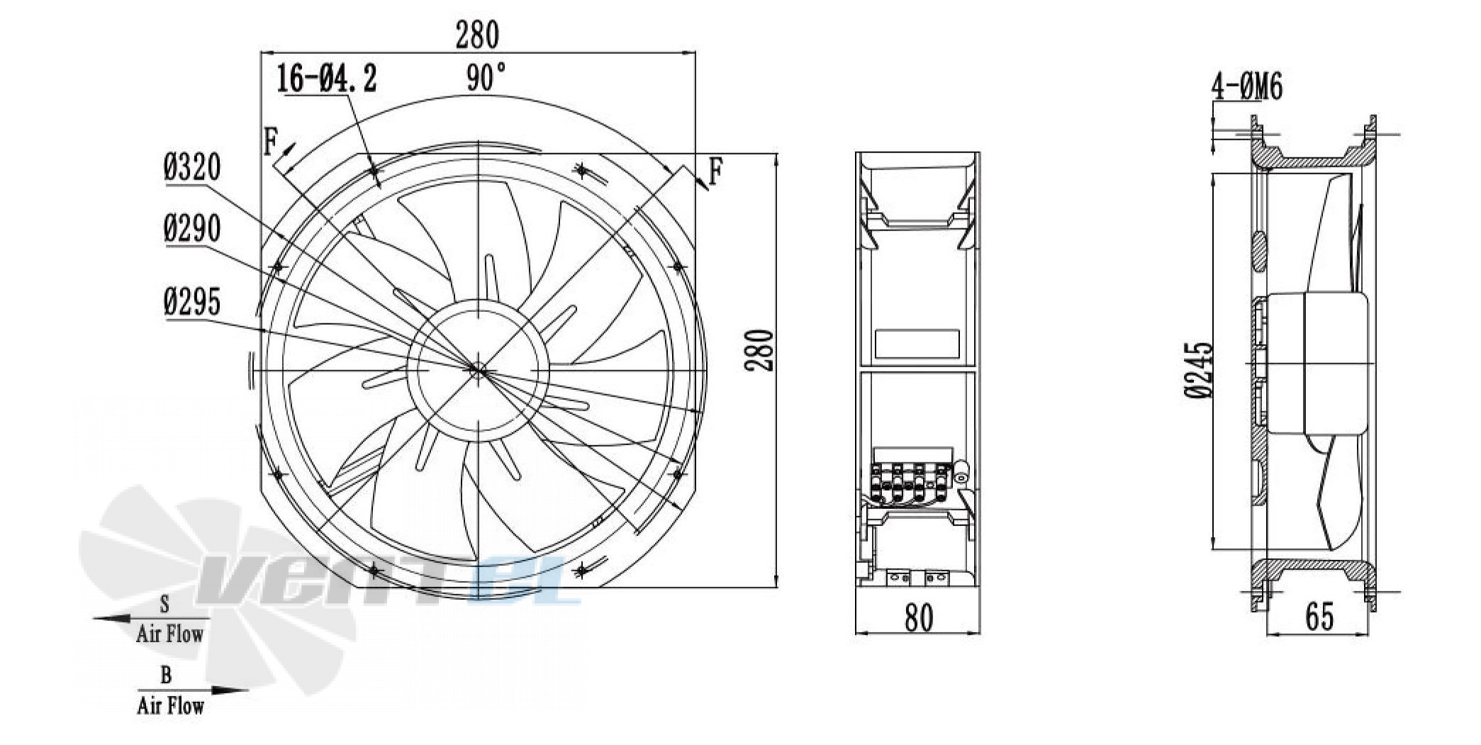 Габаритные размеры Weiguang DC092/16B3G01-AS250/35S1-01-B осевой DC