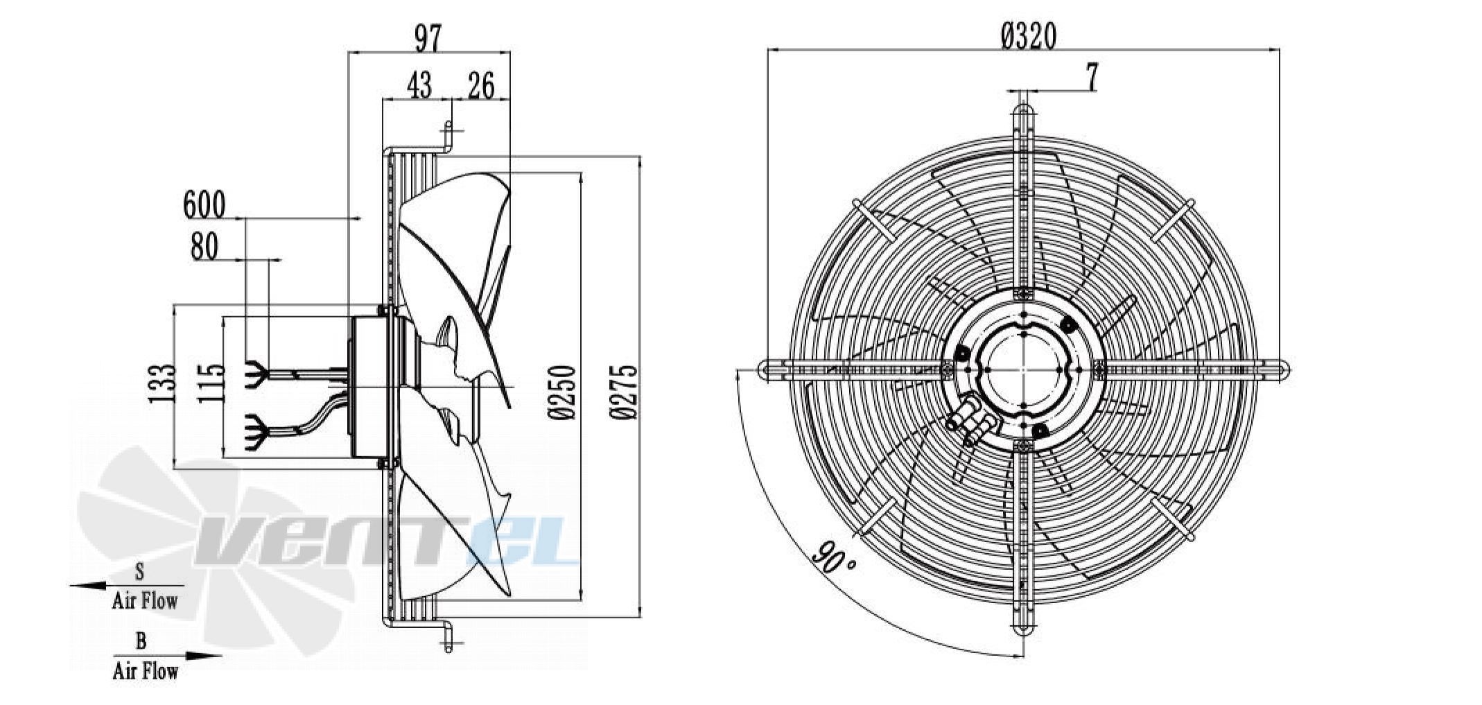 Габаритные размеры Weiguang EC092/25E3G01-AS250/35S1-01-G осевой EC