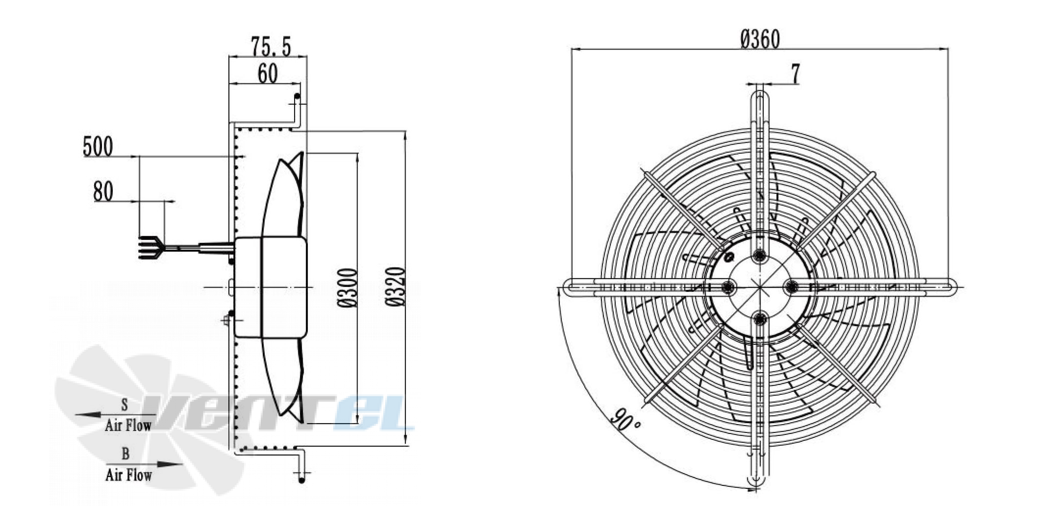 Габаритные размеры Weiguang DC092/25C3G01-AS300/60 1-01-G осевой DC