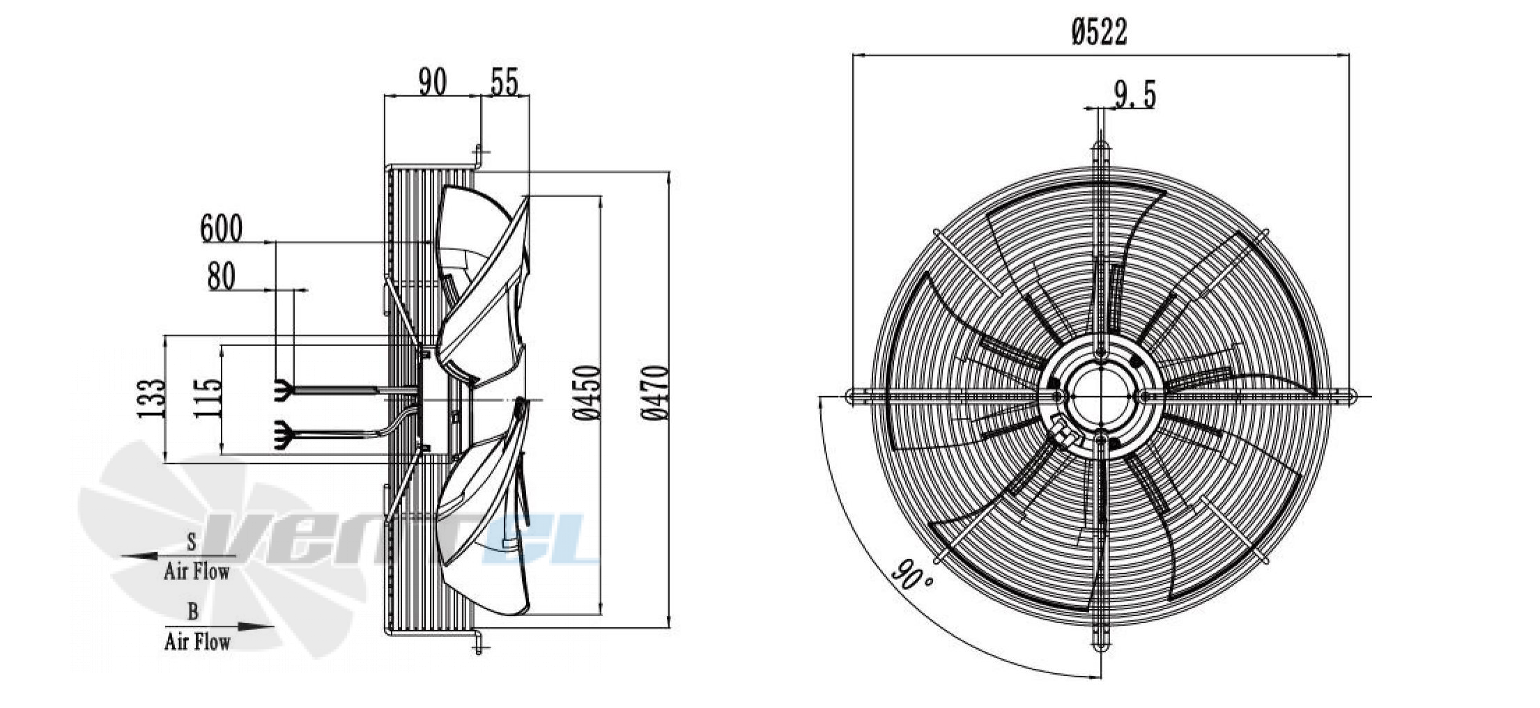 Габаритные размеры Weiguang EC092/35E3G01-AS450/96P1-01-G осевой EC