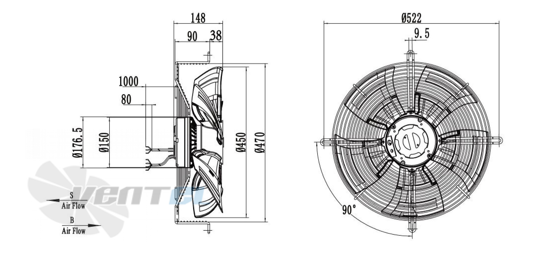 Габаритные размеры Weiguang EC102/50E3G01-AS450/92P1-01-G осевой EC