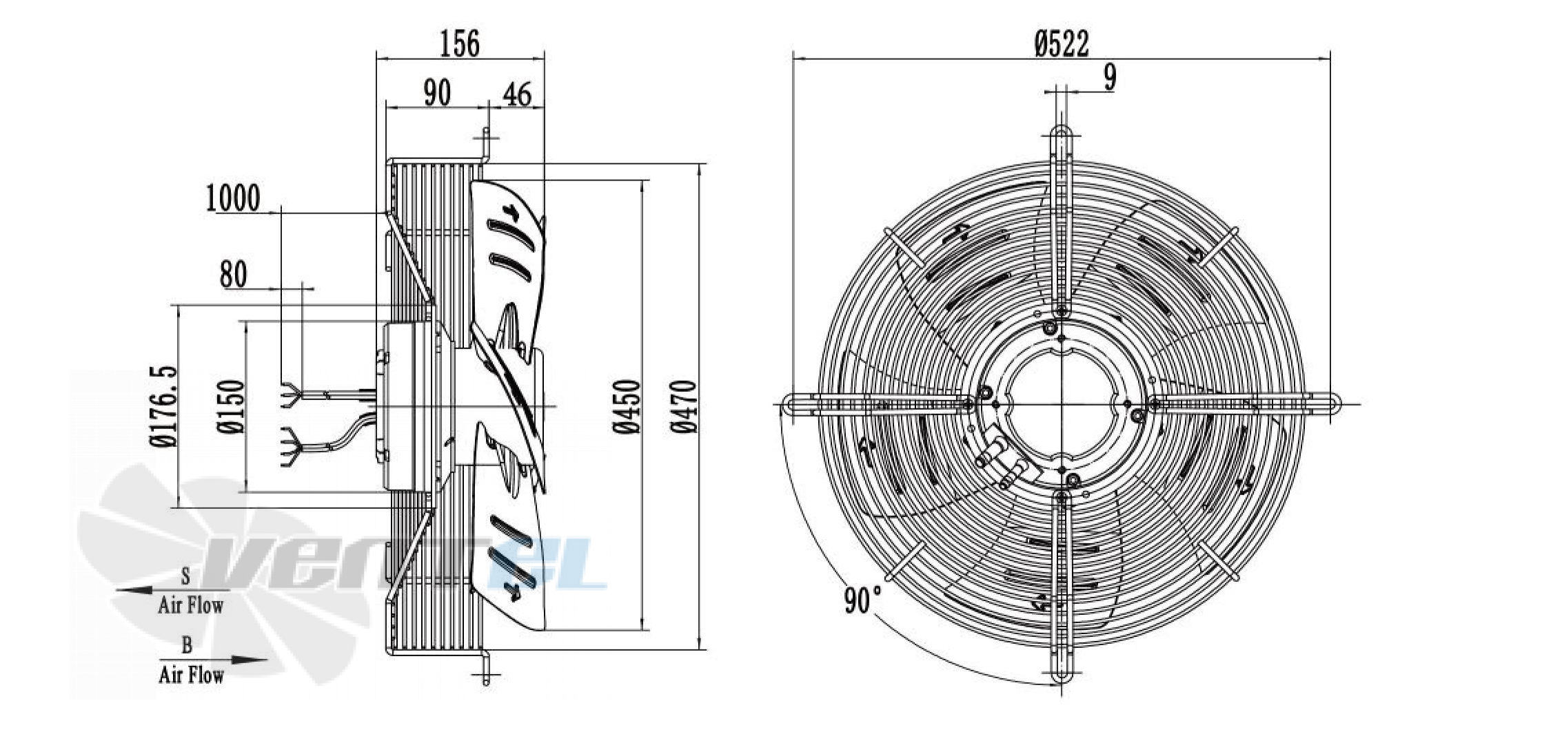 Габаритные размеры Weiguang EC102/50E3G01-AS450/92S1-01-G осевой EC