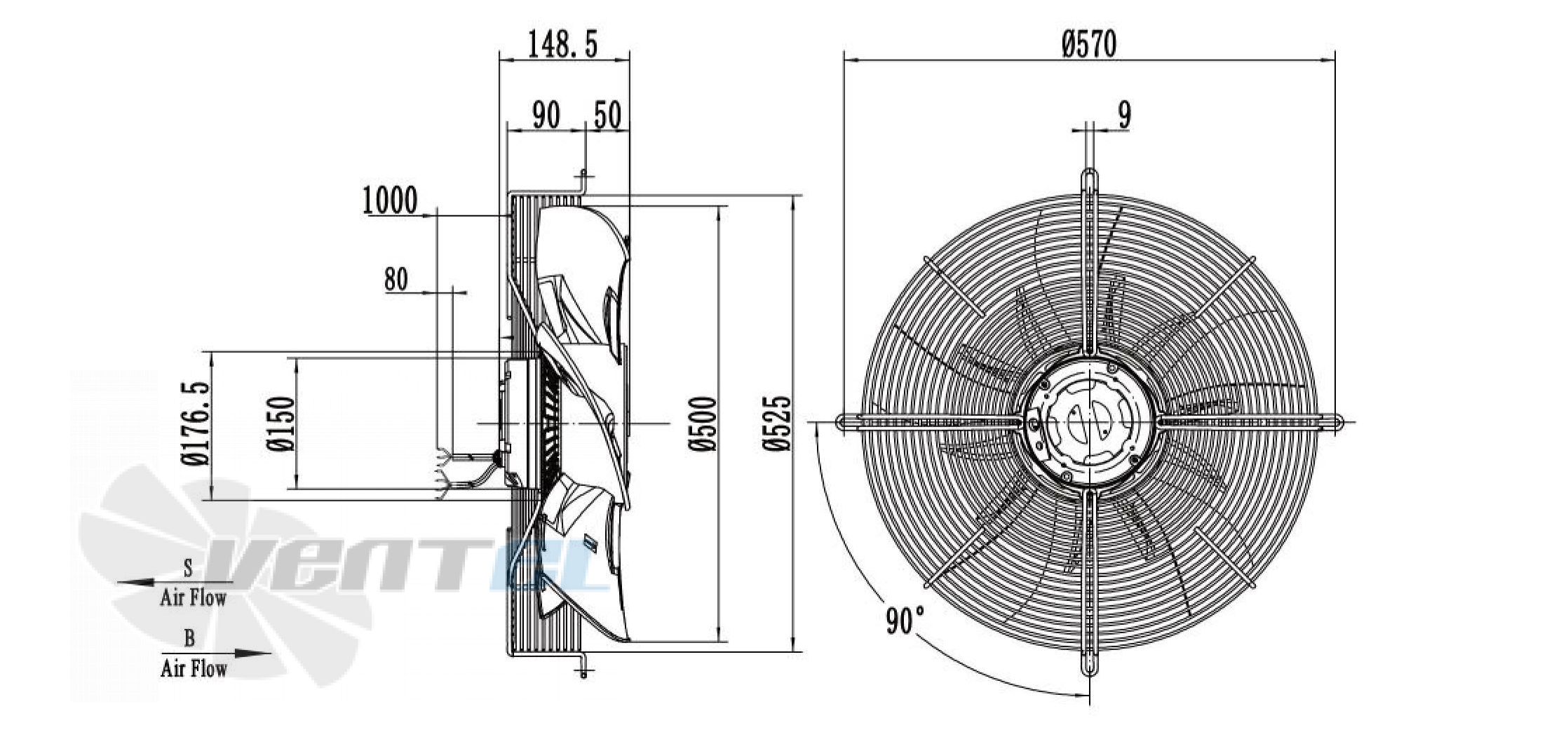 Габаритные размеры Weiguang EC102/50E3G01-AS500/105P1-01-G осевой EC