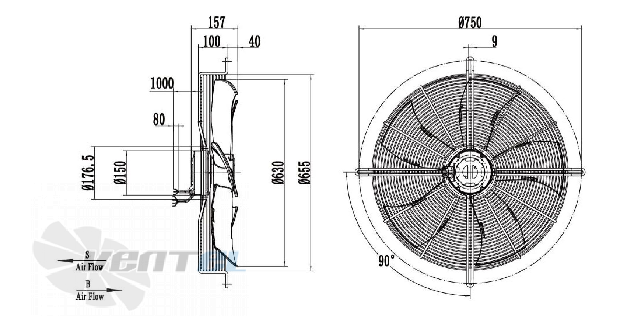 Габаритные размеры Weiguang EC102/50E3G01-AS630/82P1-01-G осевой EC