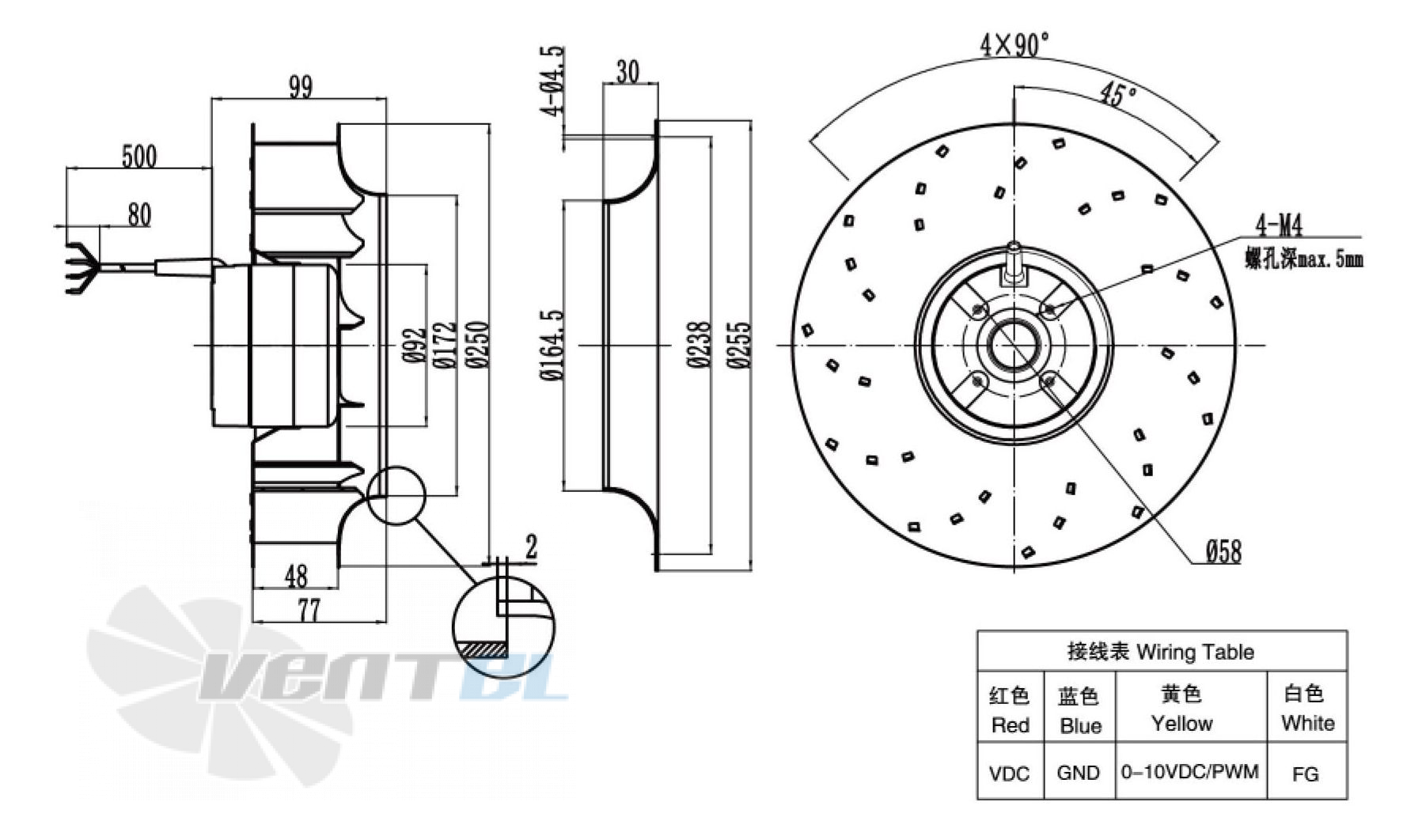 Габаритные размеры Weiguang DC092-25B3G01-B250-48S1-01 0.1 кВт с обратно загнутыми лопатками DC