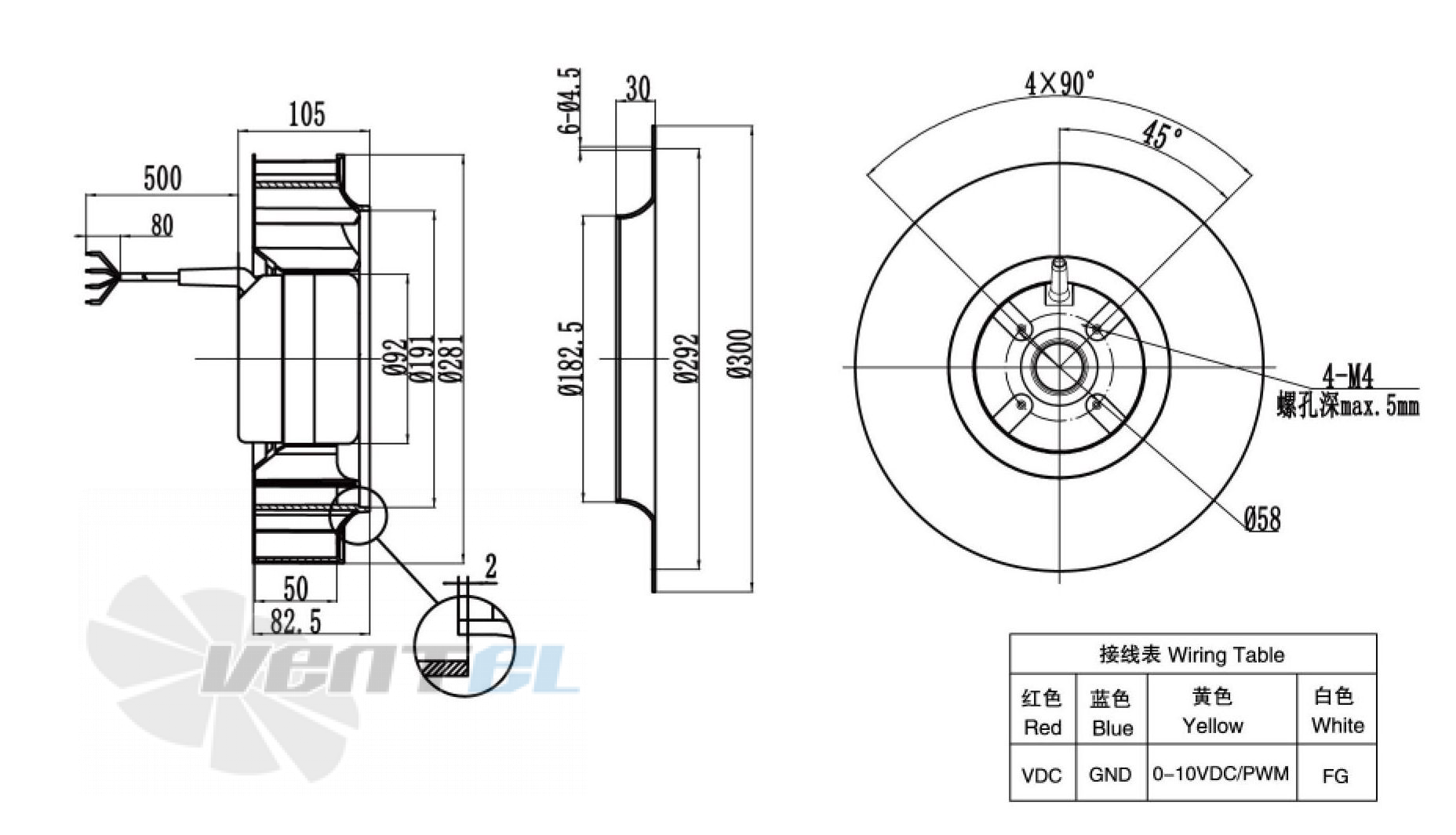 Габаритные размеры Weiguang DC092-25B3G01-B280-50S1-01 0.105 кВт с обратно загнутыми лопатками DC