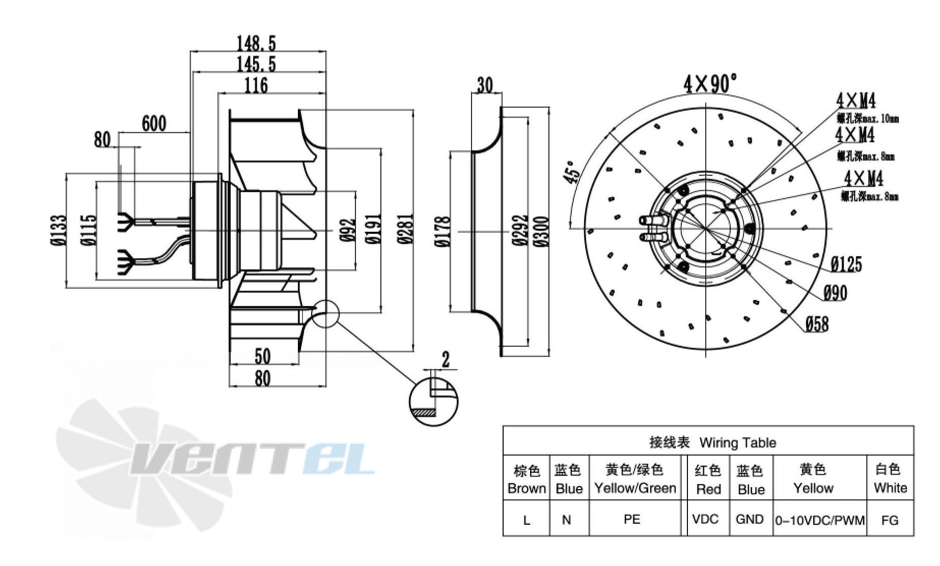 Габаритные размеры Weiguang EC092-25E3G01-B280-50S1-01 0.2 кВт с обратно загнутыми лопатками EC