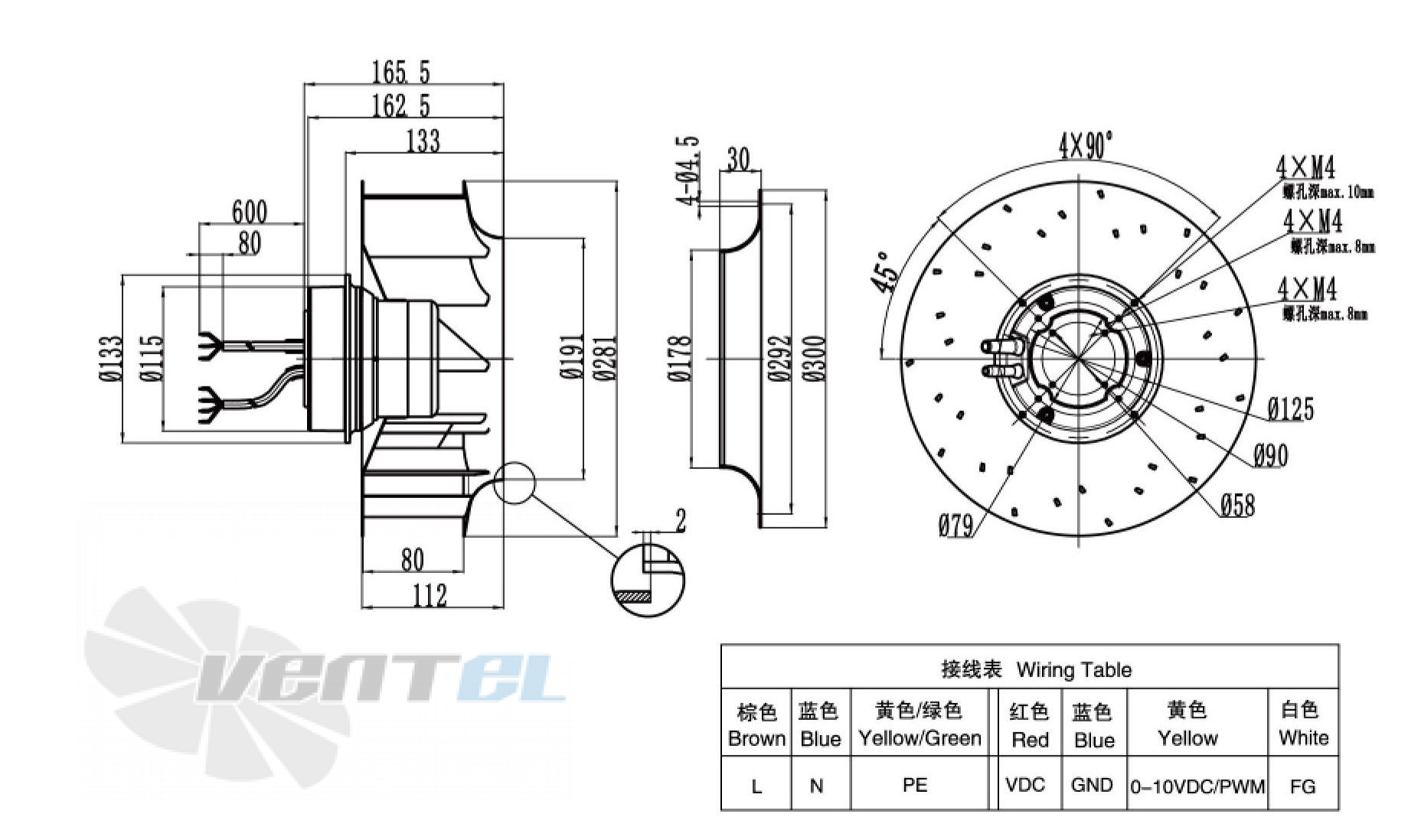 Габаритные размеры Weiguang EC092-25E3G01-B280-80S1-01 0.13 кВт с обратно загнутыми лопатками EC