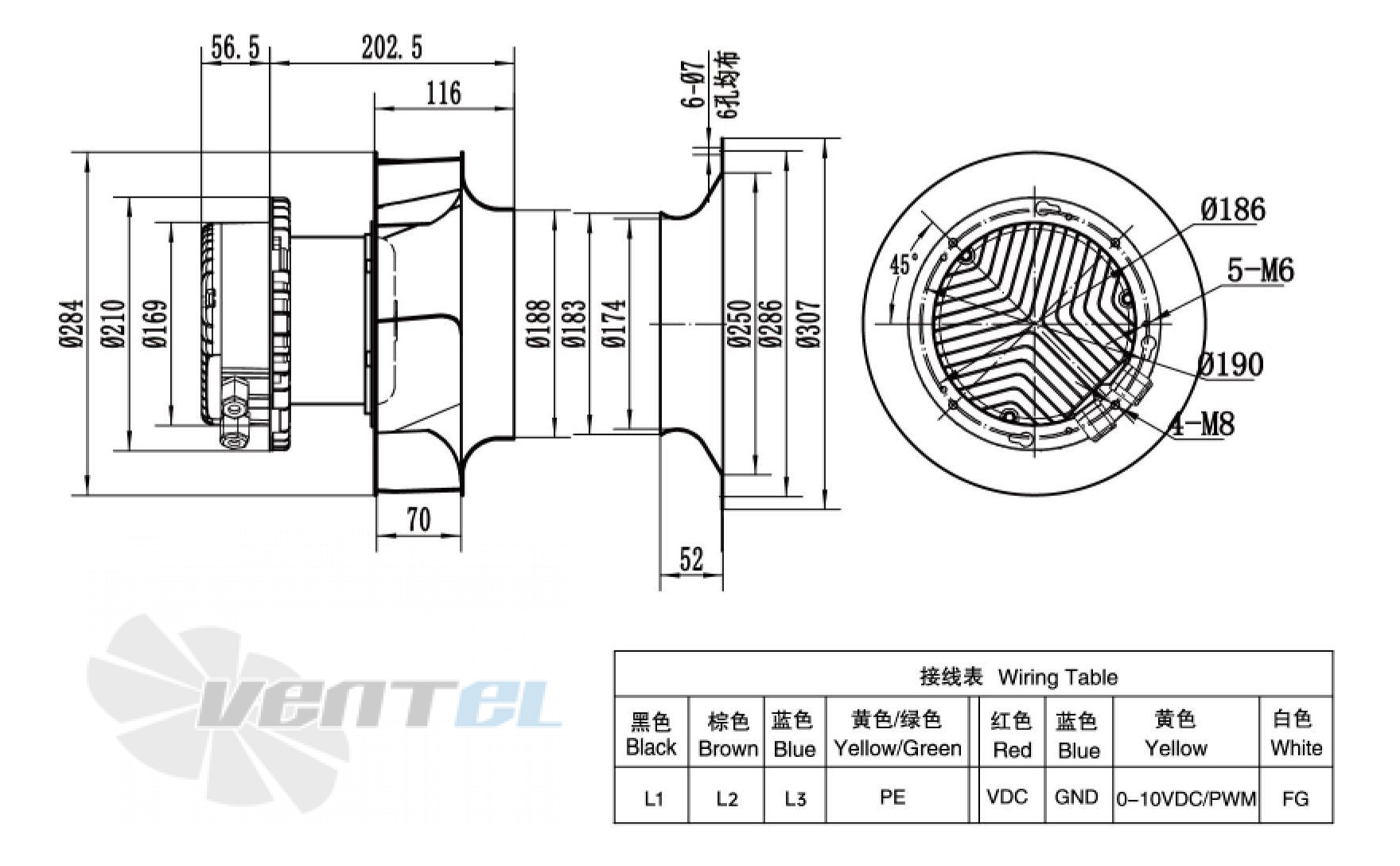 Габаритные размеры Weiguang EC137-40D3G01-B280-70A1-01 1.2 кВт с обратно загнутыми лопатками EC