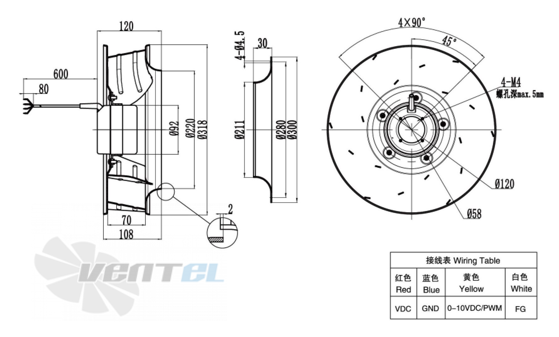Габаритные размеры Weiguang DC092-25B3G01-B310-70A1-01 0.1 кВт с обратно загнутыми лопатками DC