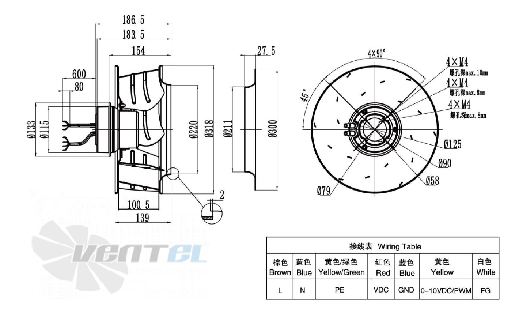 Габаритные размеры Weiguang EC092-25E3G01-B310-100A1-01 0.17 кВт с обратно загнутыми лопатками EC