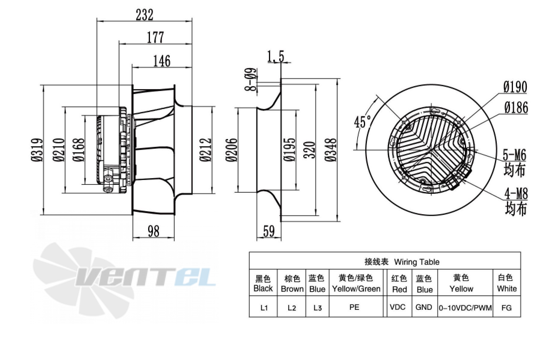 Габаритные размеры Weiguang EC137-40D3G01-B315-98A1-01 0.98 кВт с обратно загнутыми лопатками EC