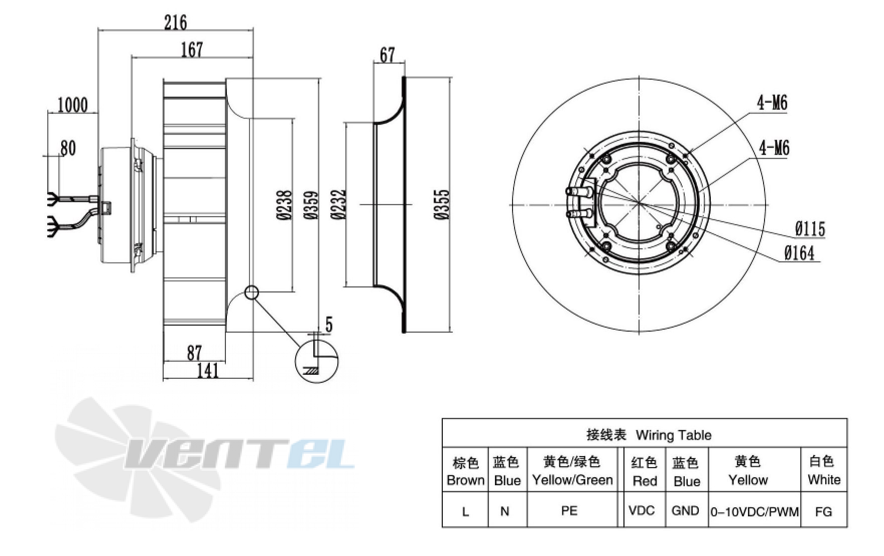 Габаритные размеры Weiguang EC102-50E3G01-B355-87A1-01 0.73 кВт с обратно загнутыми лопатками EC