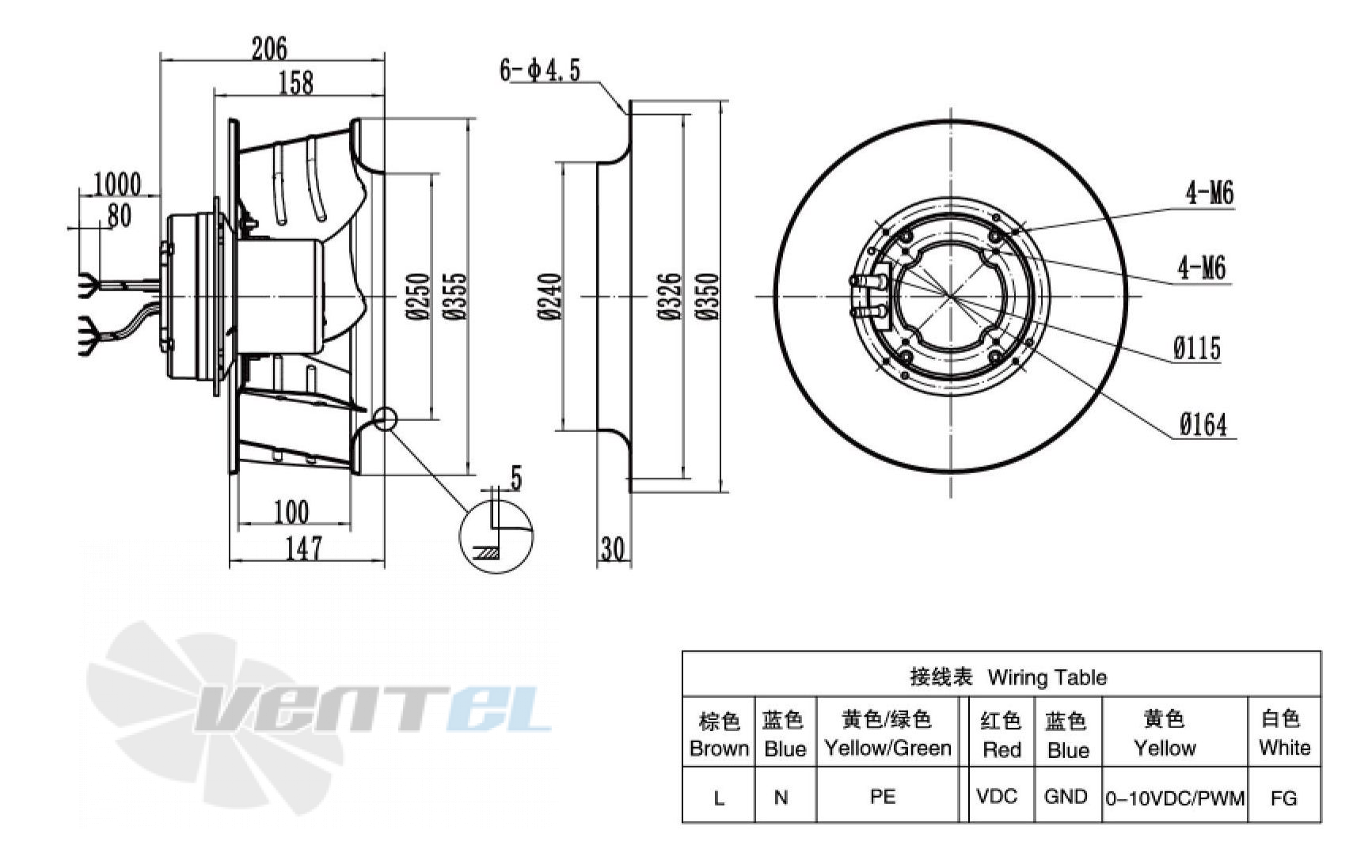 Габаритные размеры Weiguang EC102-50E3G01-B355-100A1-01 0.57 кВт с обратно загнутыми лопатками EC