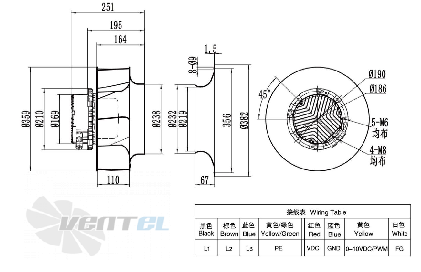 Габаритные размеры Weiguang EC137-40D3G01-B355-110A1-01 0.95 кВт с обратно загнутыми лопатками EC