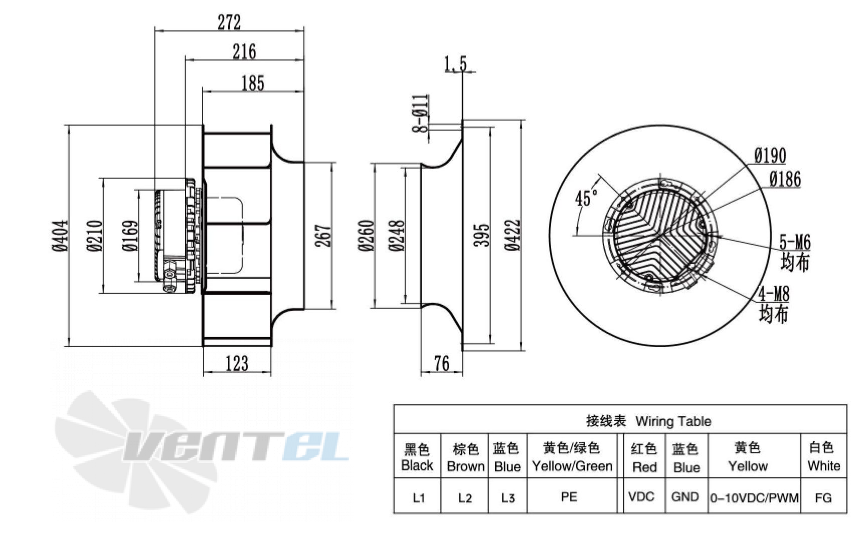 Габаритные размеры Weiguang EC137-40D3G01-B400-123A1-01 0.95 кВт с обратно загнутыми лопатками EC