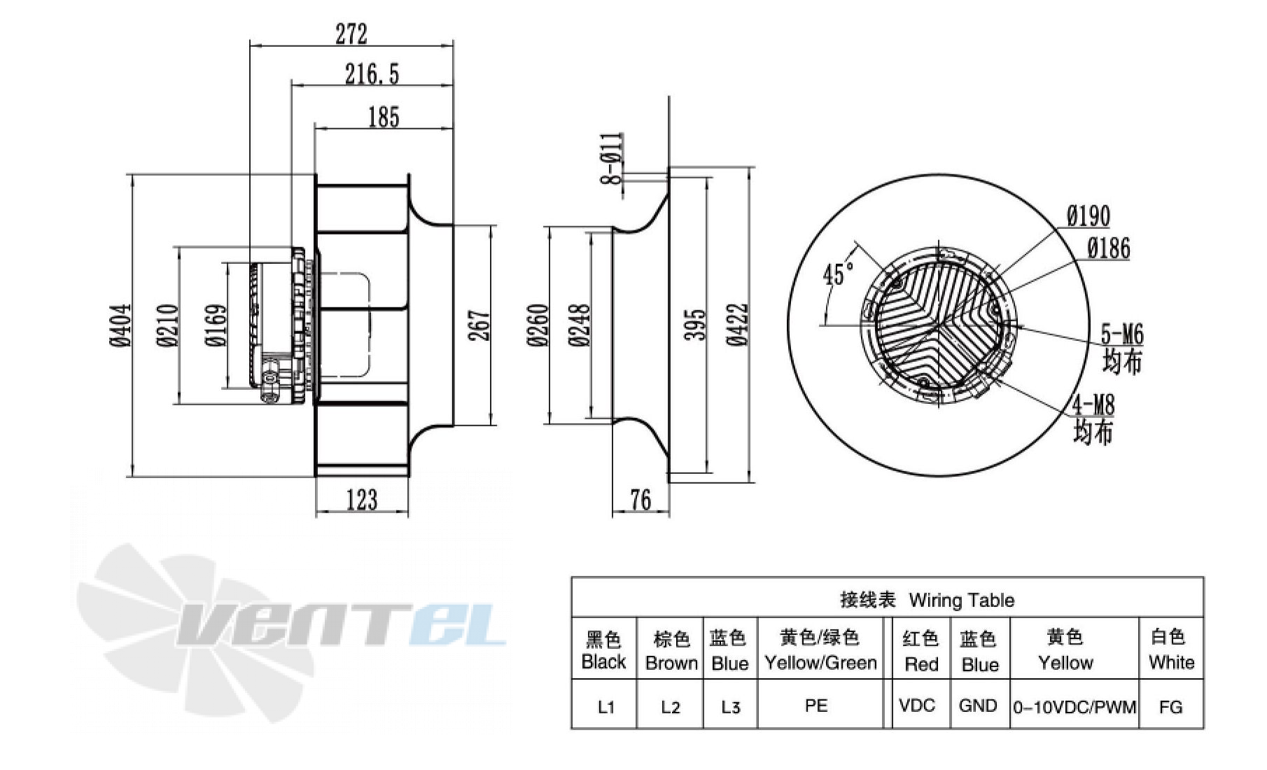 Габаритные размеры Weiguang EC137-60D3G01-B400-123A1-01 1.7 кВт с обратно загнутыми лопатками EC