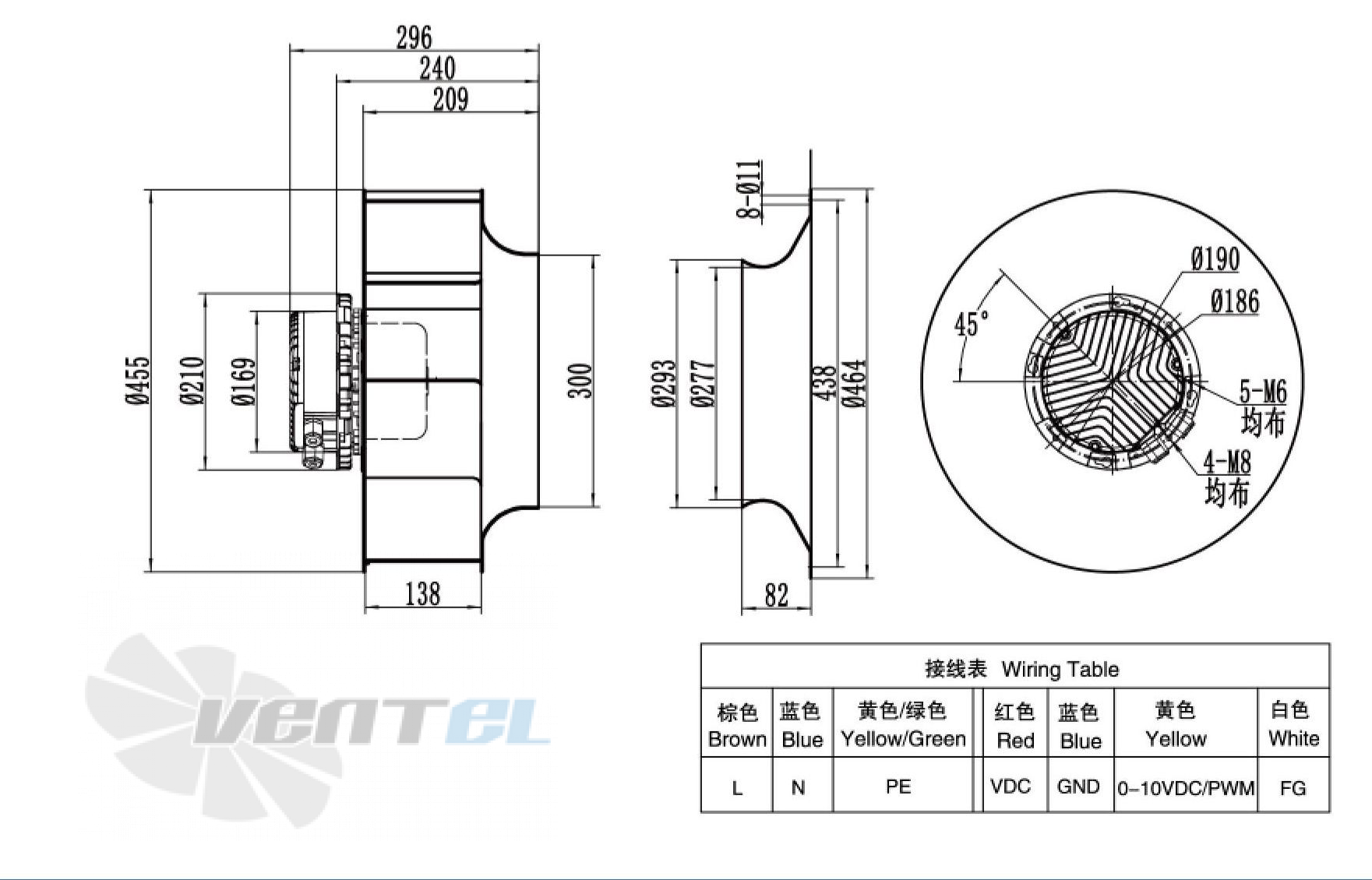 Габаритные размеры Weiguang EC137-60E3G01-B450-138A1-01 1.0 кВт с обратно загнутыми лопатками EC