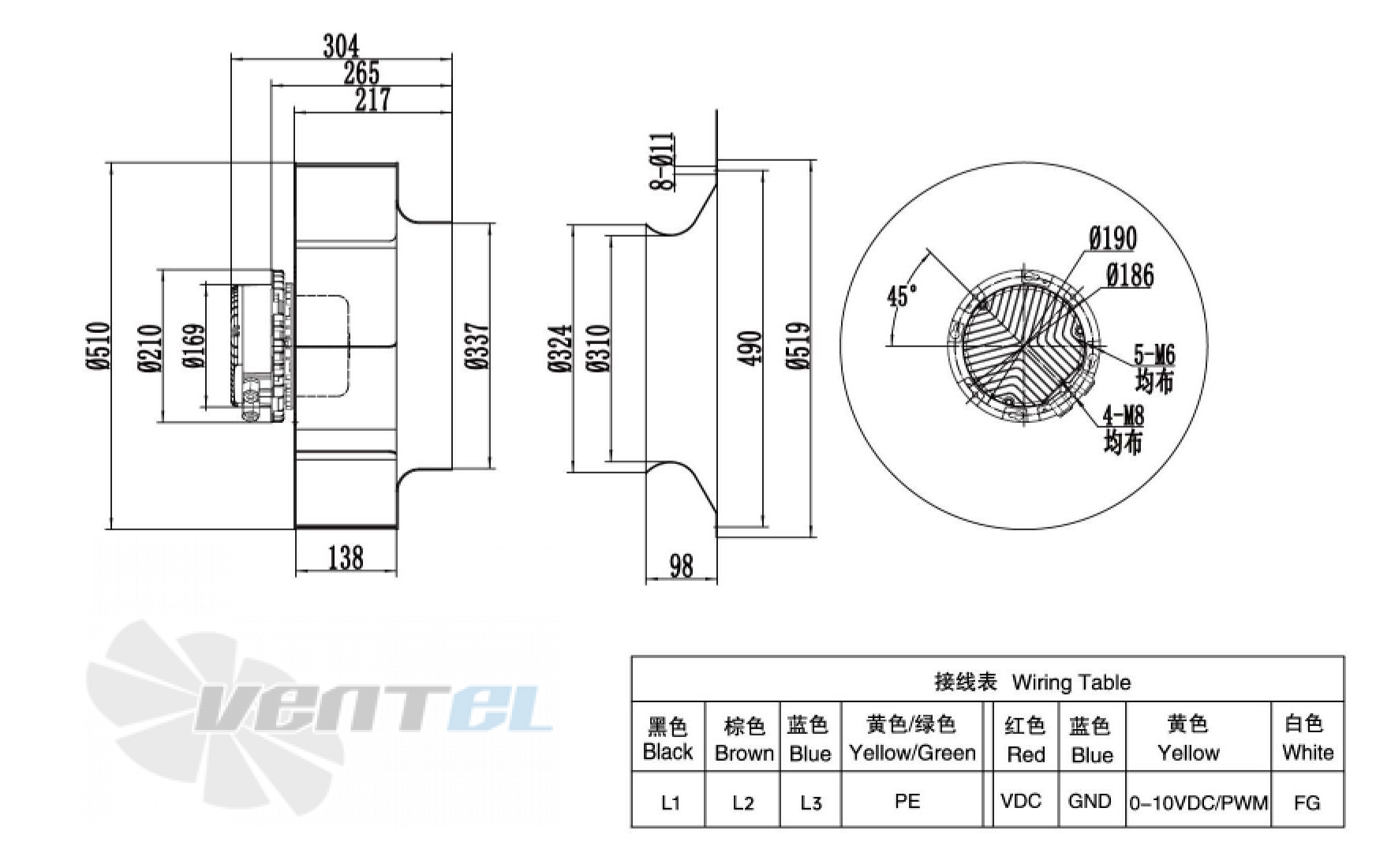 Габаритные размеры Weiguang EC137-60D3G01-B500-138A1-01 0.83 кВт с обратно загнутыми лопатками EC