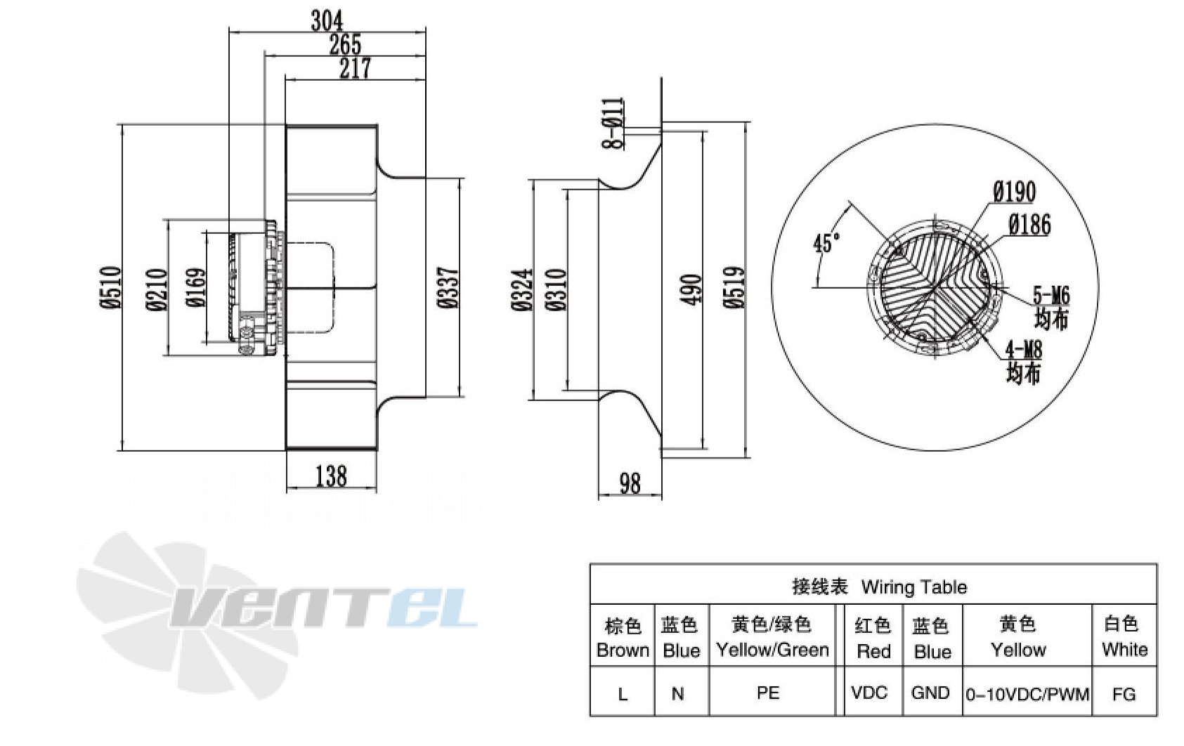 Габаритные размеры Weiguang EC137-60E3G01-B500-138A1-01 1.0 кВт с обратно загнутыми лопатками EC