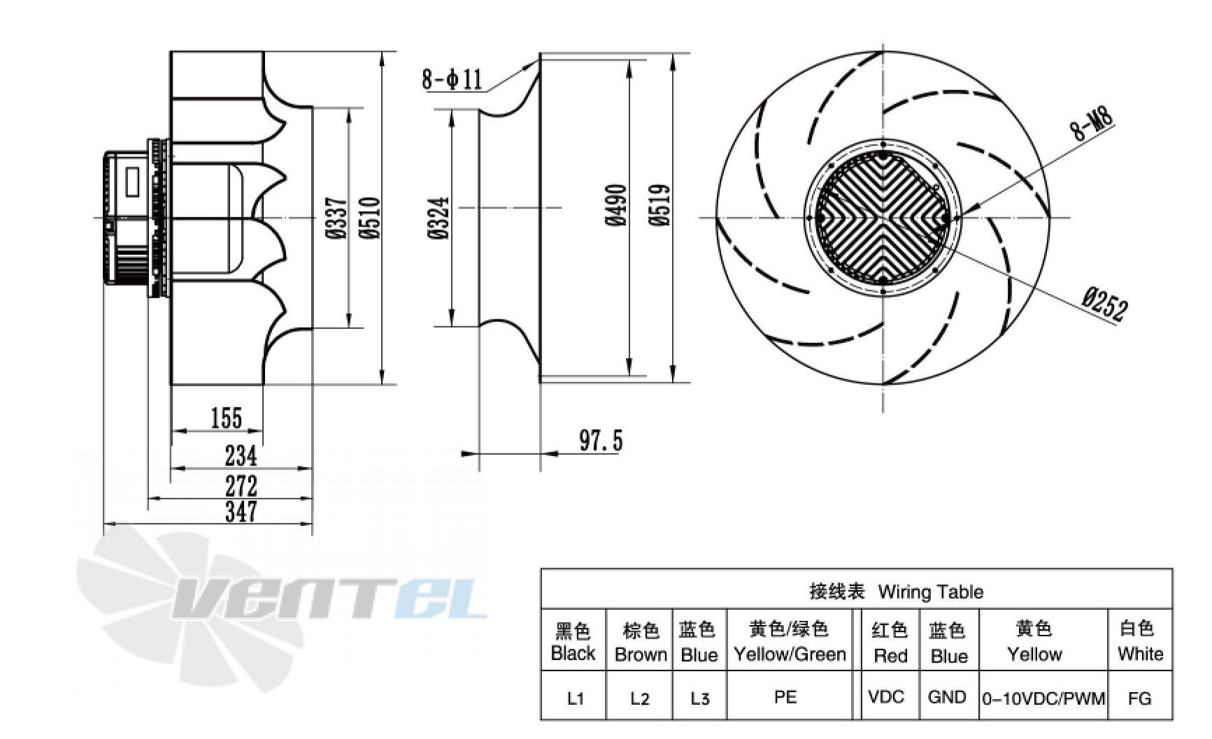 Габаритные размеры Weiguang EC180-85D3G01-B500-155A1-01 3.3 кВт с обратно загнутыми лопатками EC