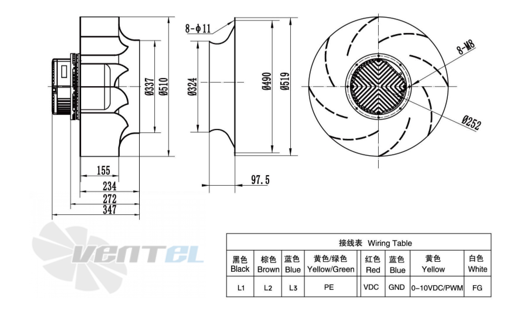 Габаритные размеры Weiguang EC180-85D3G01-B500-155A1-02 5.25 кВт с обратно загнутыми лопатками EC