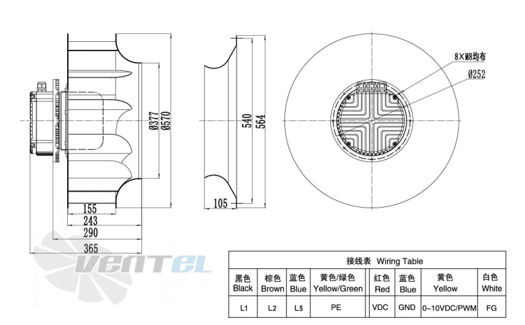 Габаритные размеры Weiguang EC180-85D3G01-B560-155A1-02 5.5 кВт с обратно загнутыми лопатками EC