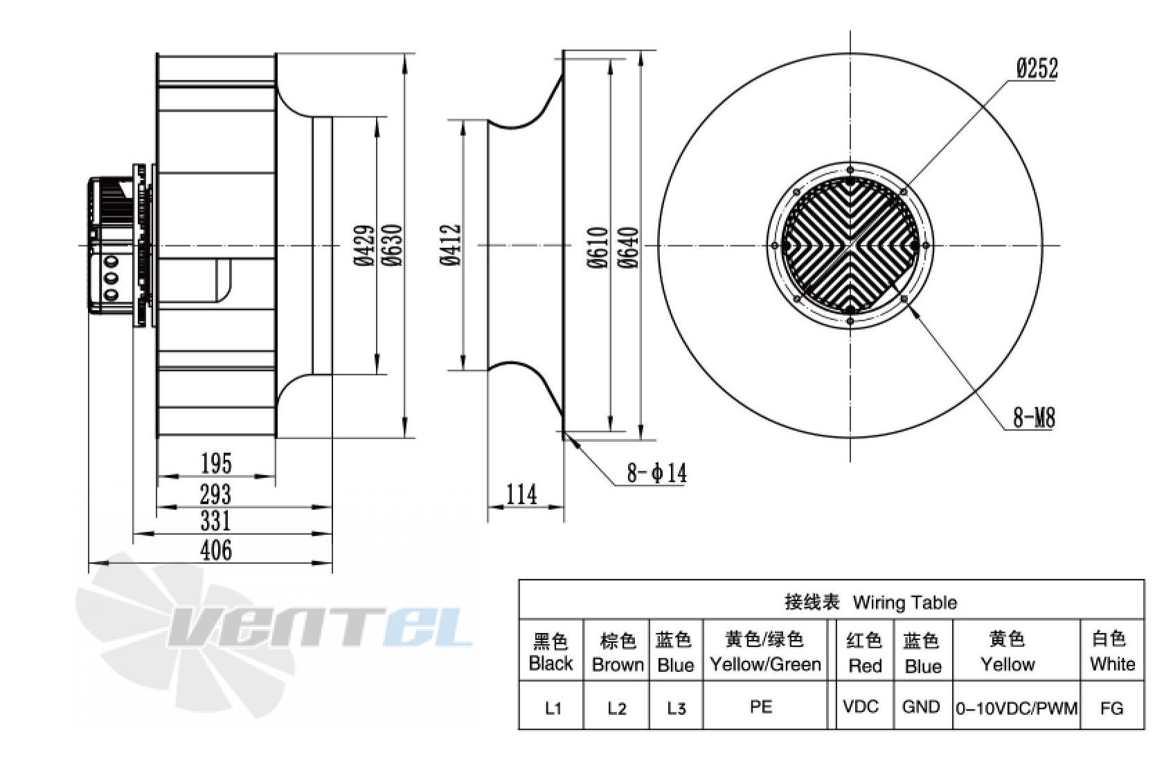 Габаритные размеры Weiguang EC180-85D3G01-B630-195A1-01 2.8 кВт с обратно загнутыми лопатками EC