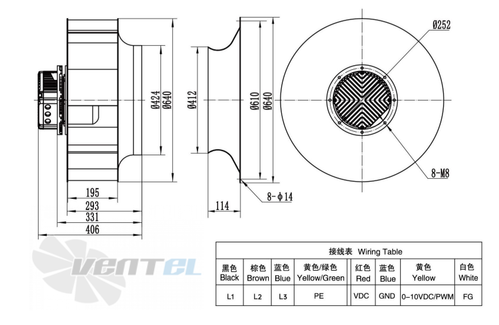 Габаритные размеры Weiguang EC180-85D3G01-B630-195A1-02 5.5 кВт с обратно загнутыми лопатками EC