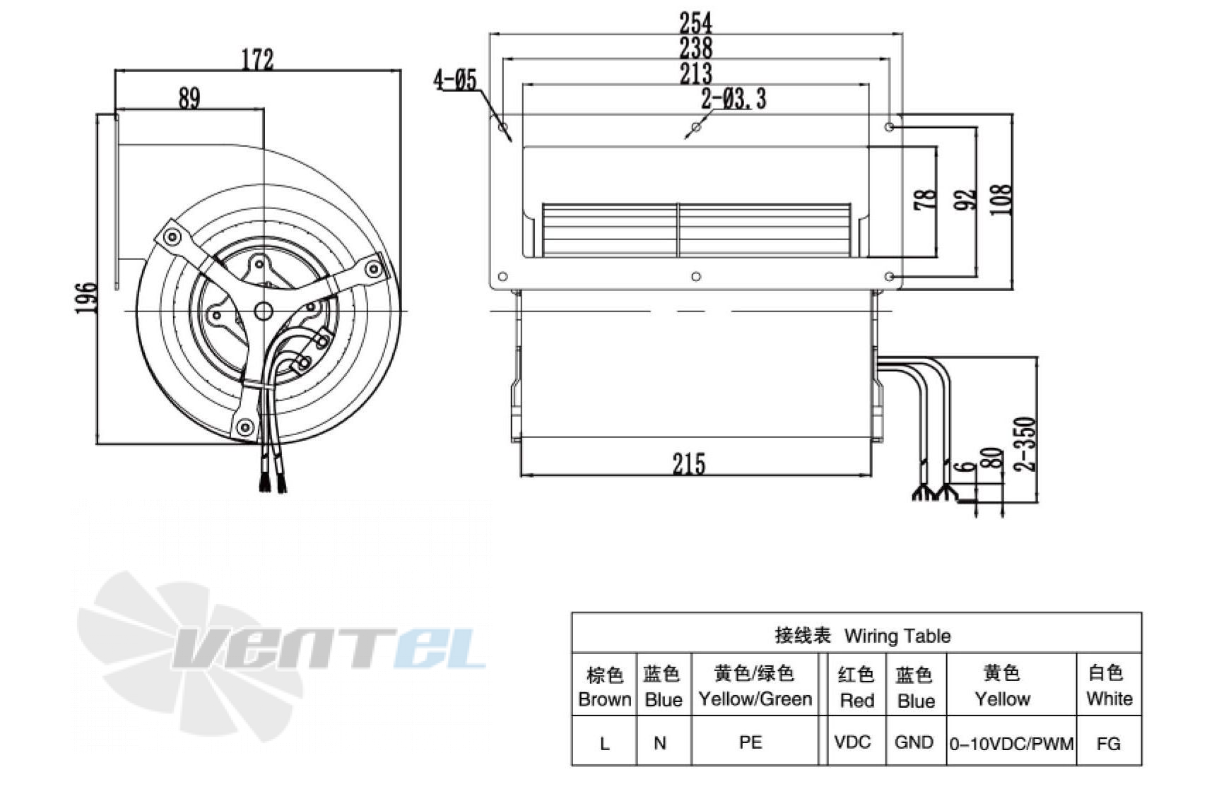 Габаритные размеры Weiguang EC072-25E3G01-FD133-190S1-01 0.1 кВт