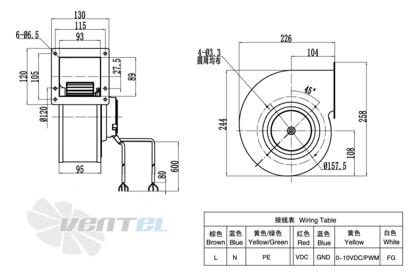 Габаритные размеры Weiguang EC092-25E3G01-FG140-60S1-03 0.075 кВт