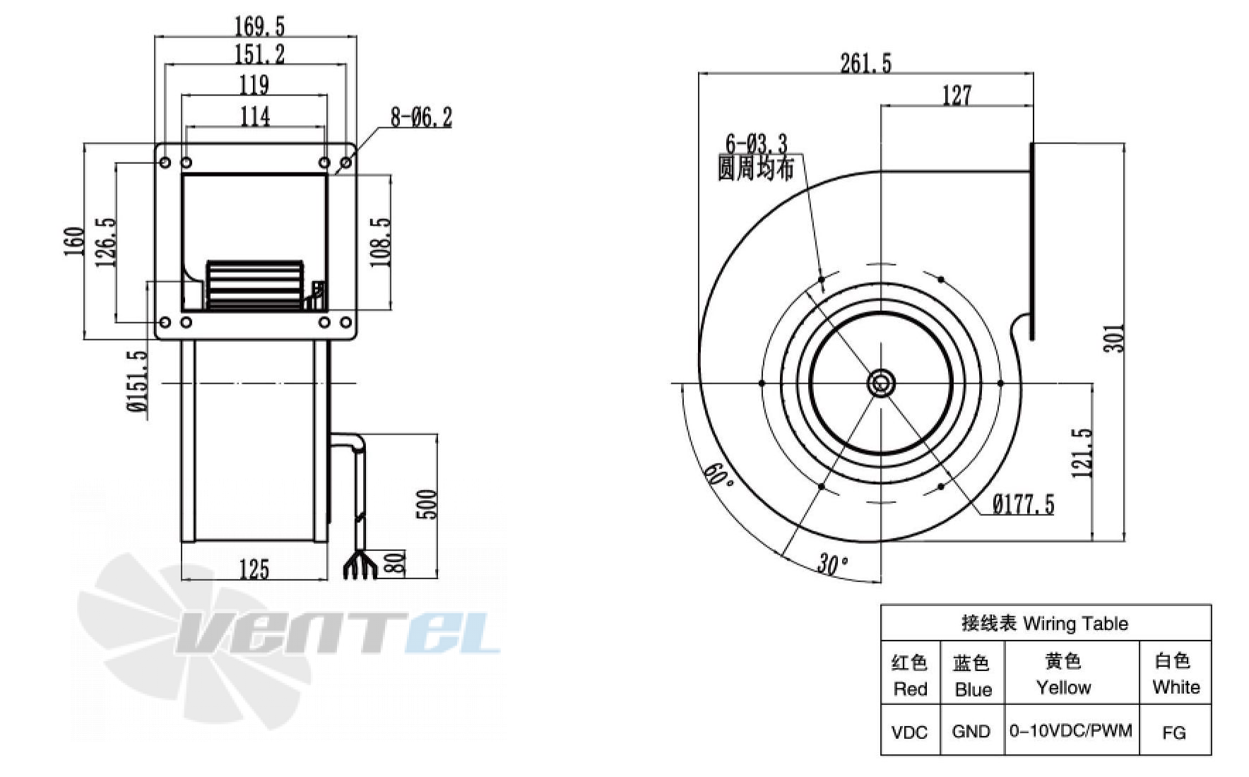 Габаритные размеры Weiguang DC092-25C3G01-FG180-92S1-01 0.1 кВт