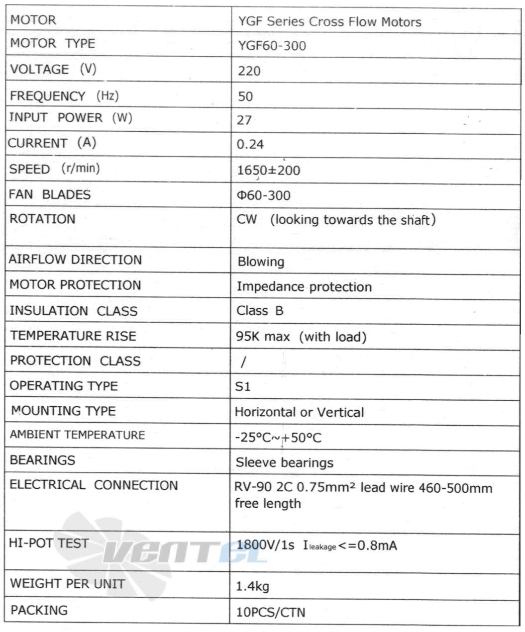 Рабочие параметры Weiguang YGF60-300-L 220В