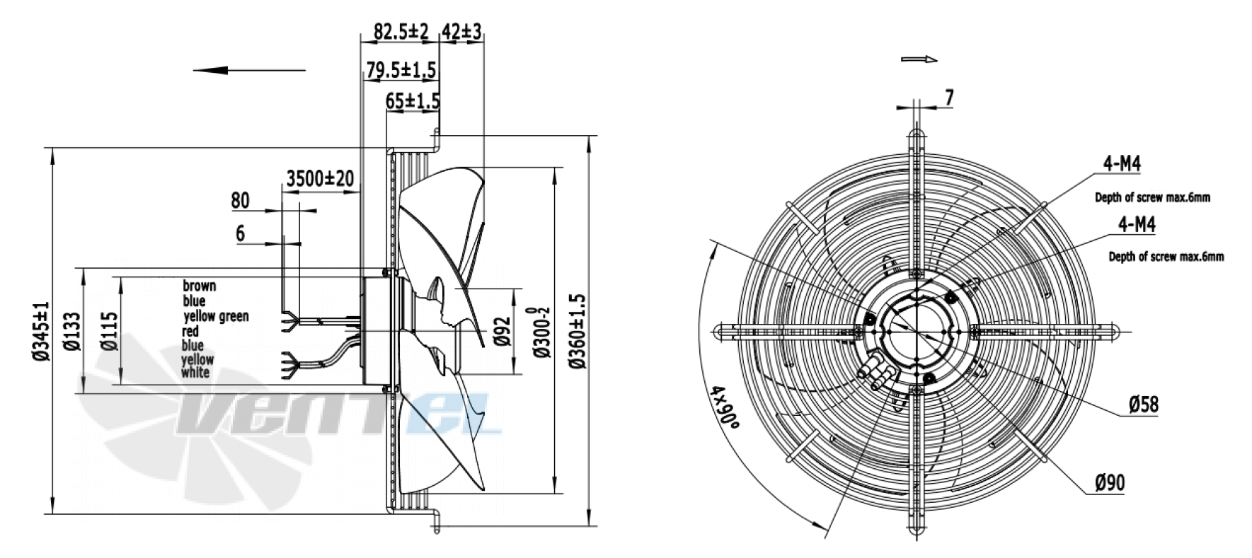 Габаритные размеры Weiguang EC092/25E3G01-AS300/60S1-03-G