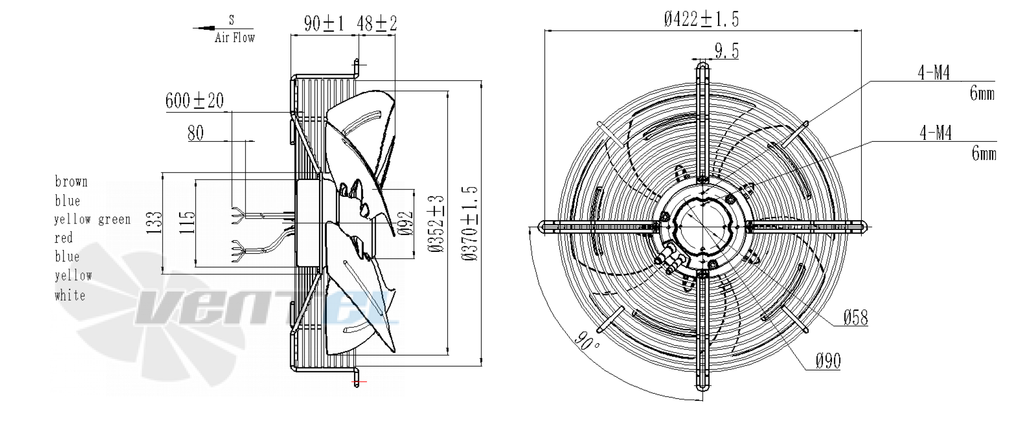 Габаритные размеры Weiguang EC092/25E3G01-AS350/92S1-13-G