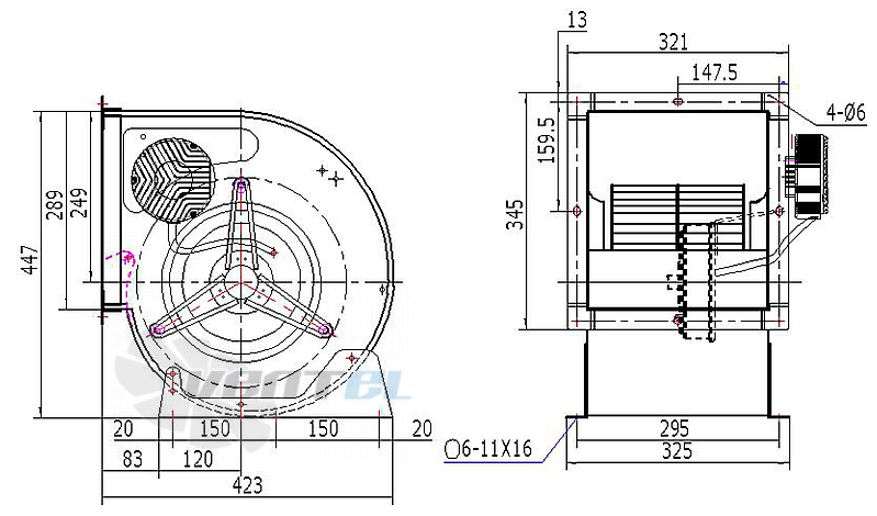 Габаритные размеры Weiguang EC183-18E3G01-FD10-8S1 0.495 кВт