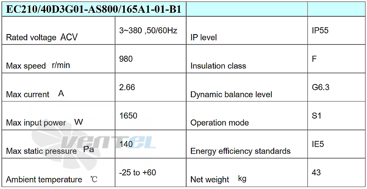 Параметры Weiguang EC210/40D3G01-AS800/165A1-01-B1