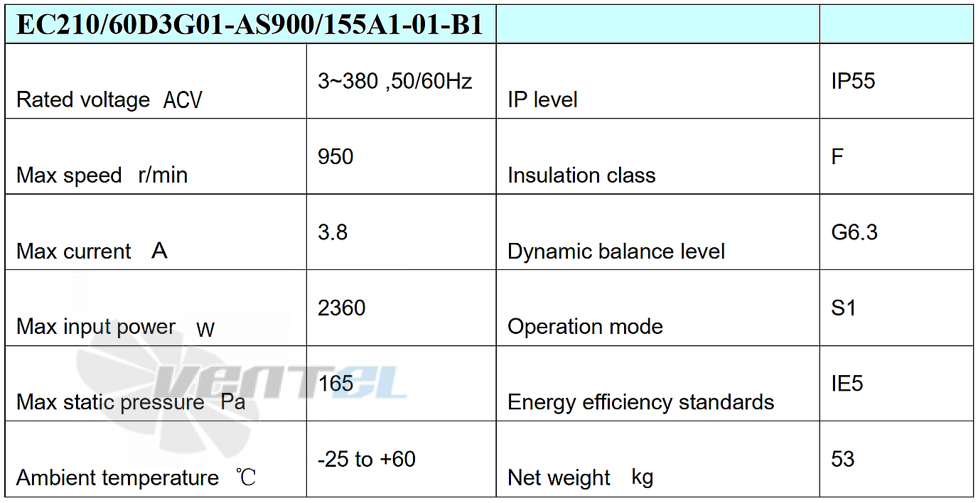 Параметры Weiguang EC210/60D3G01-AS900/155A1-01-B1