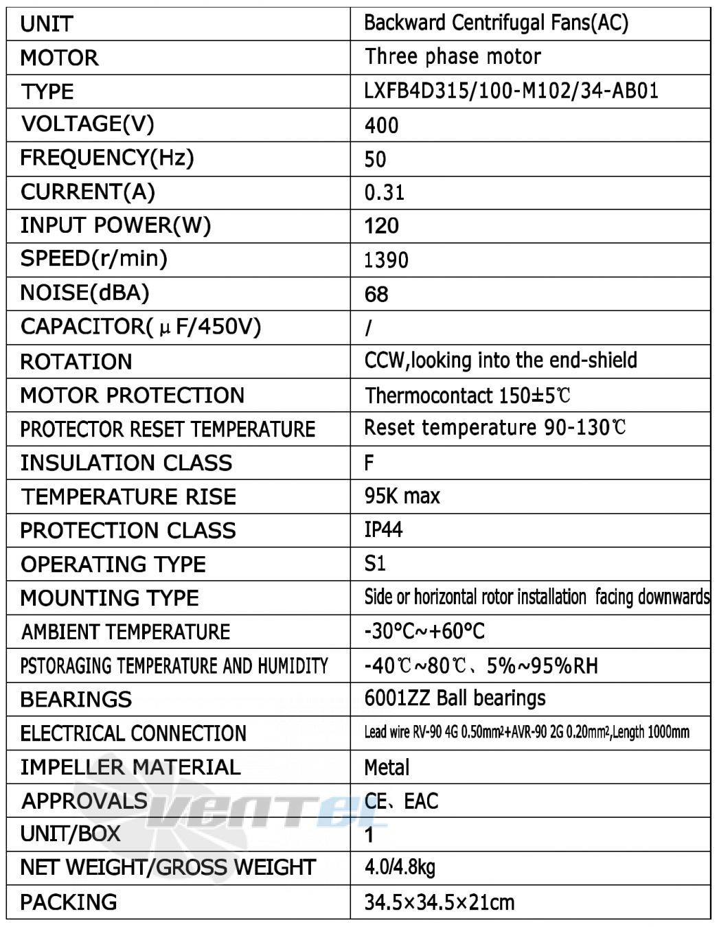 Параметры работы Weiguang LXFB4D315-100-M102-34-AB01 400V