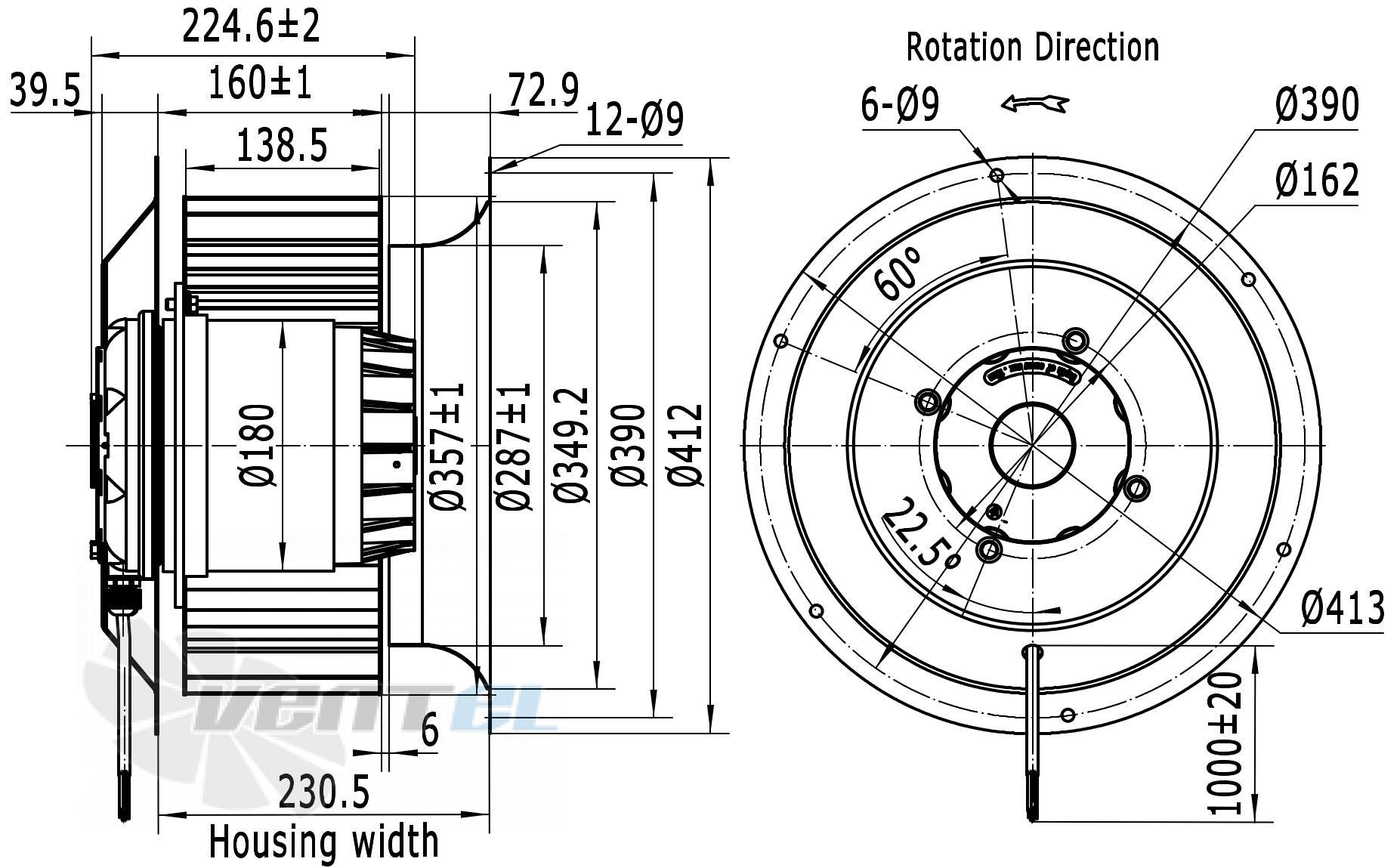 Чертеж и габаритные размеры Weiguang LXFF4D355/138-M180/105-AB01