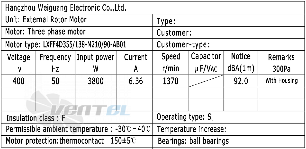 Рабочие параметры Weiguang LXFF4D355/138-M210/90-AB01