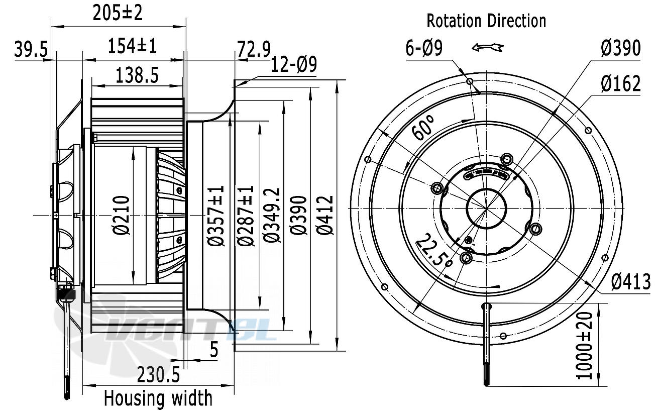 Чертеж и габаритные размеры Weiguang LXFF4D355/138-M210/90-AB01