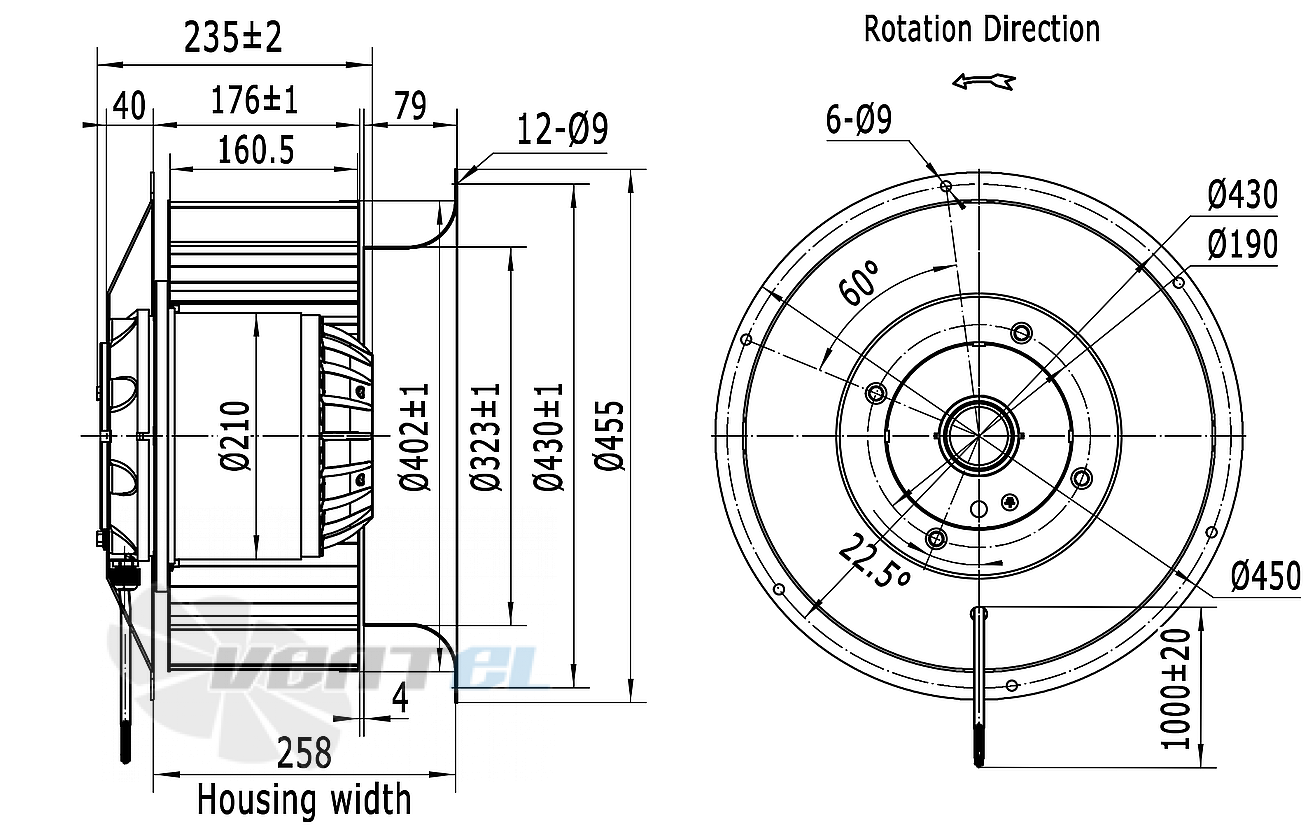 Чертеж и габаритные размеры Weiguang LXFF4D400/163-M210/120-AB01