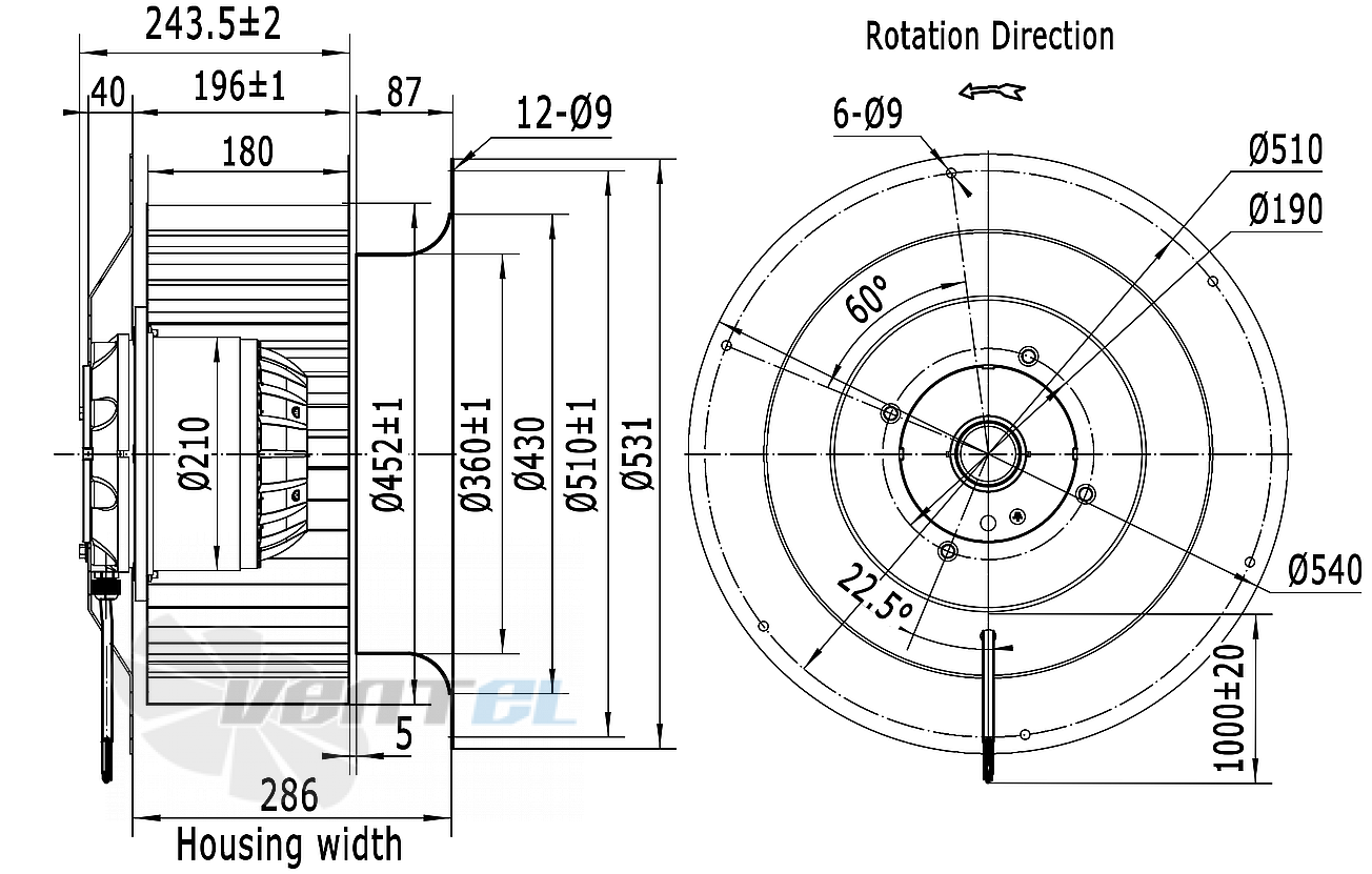 Чертеж и габаритные размеры Weiguang LXFF6D450/180-M210/90-AB01